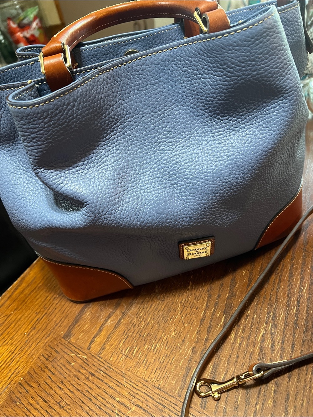 Dooney & Bourke Blue Pebbled Leather Satchel with Brown Trim - Picture 6 of 12